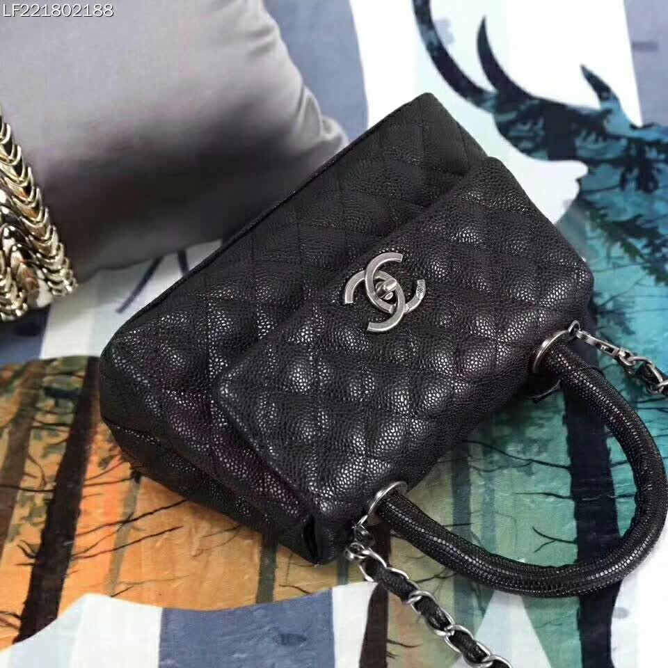 Chanel Coco Caviar Lizard Quilted Mini Flap Bag with Top-Handle-Black