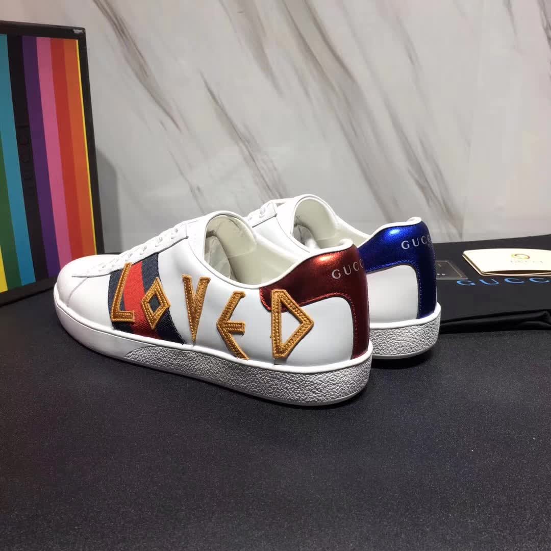 Gucci Unisex Ace Embroidered Leather Sneaker Shoes Style-White