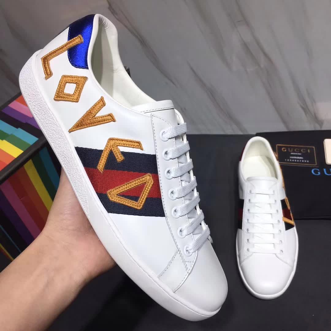 Gucci Unisex Ace Embroidered Leather Sneaker Shoes Style-White