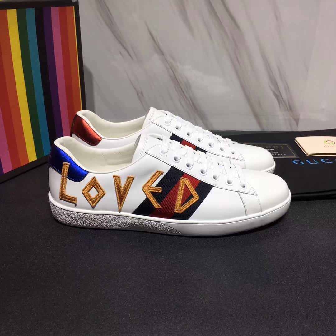 Gucci Unisex Ace Embroidered Leather Sneaker Shoes Style-White