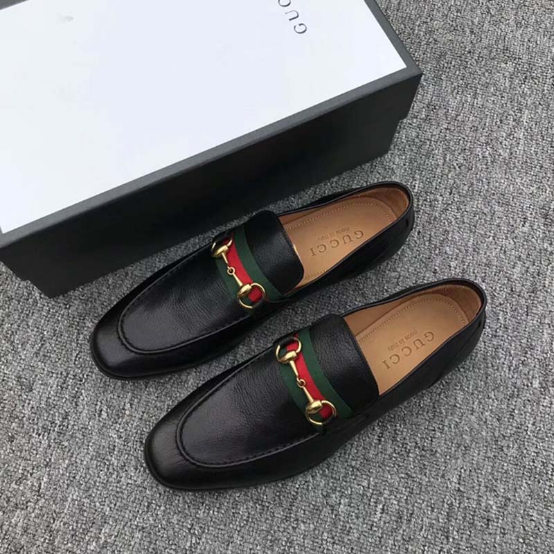 Gucci Men Horsebit Leather Loafer with Web Shoes Black