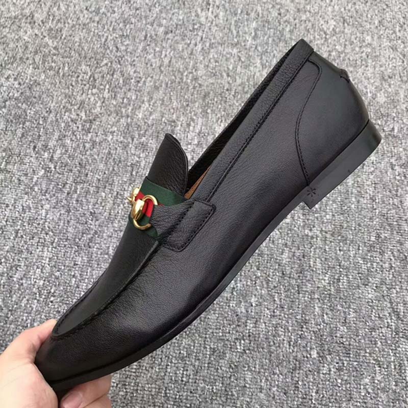Gucci Men Horsebit Leather Loafer with Web Shoes Black