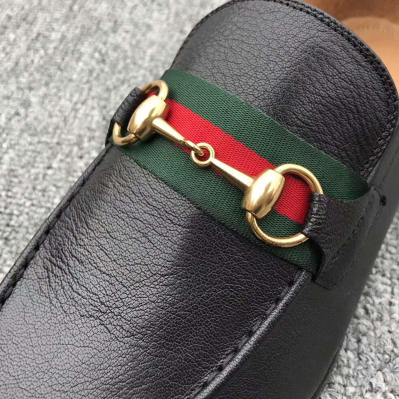 Gucci Men Horsebit Leather Loafer with Web Shoes Black
