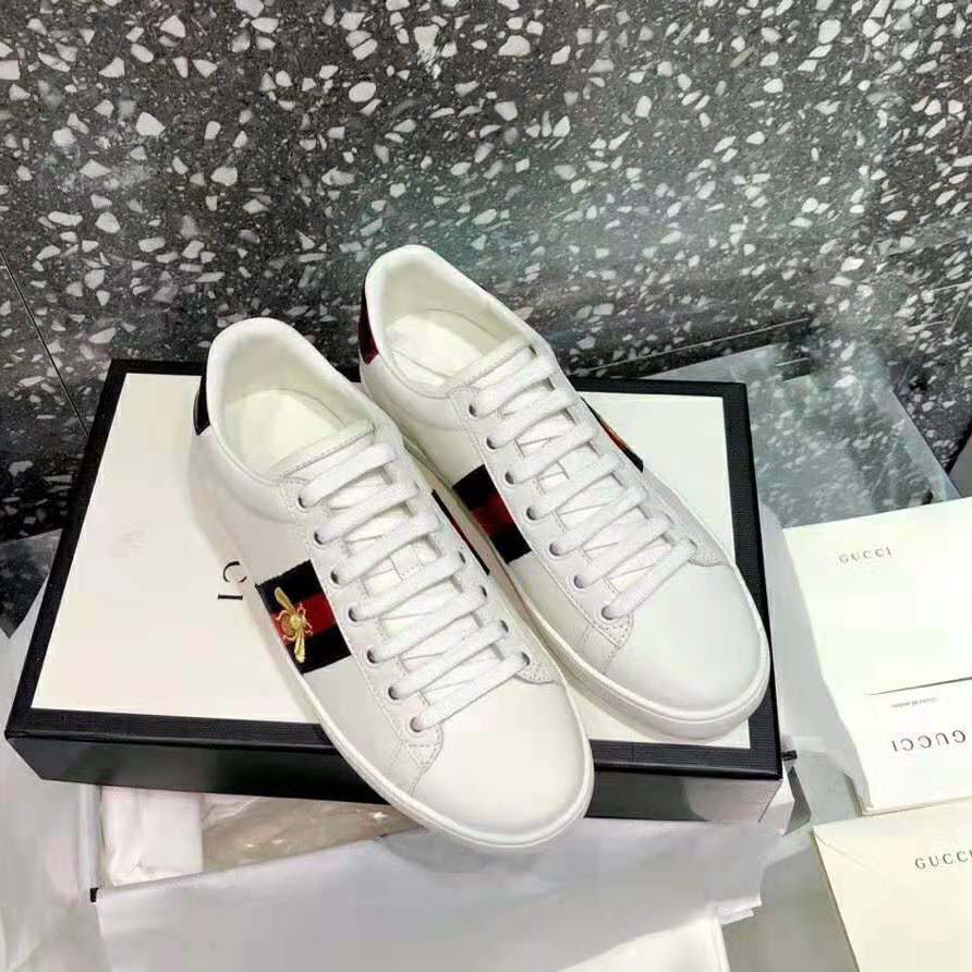 Gucci Unisex Ace Embroidered Sneaker with Iconic Gold Embroidered Bee-White