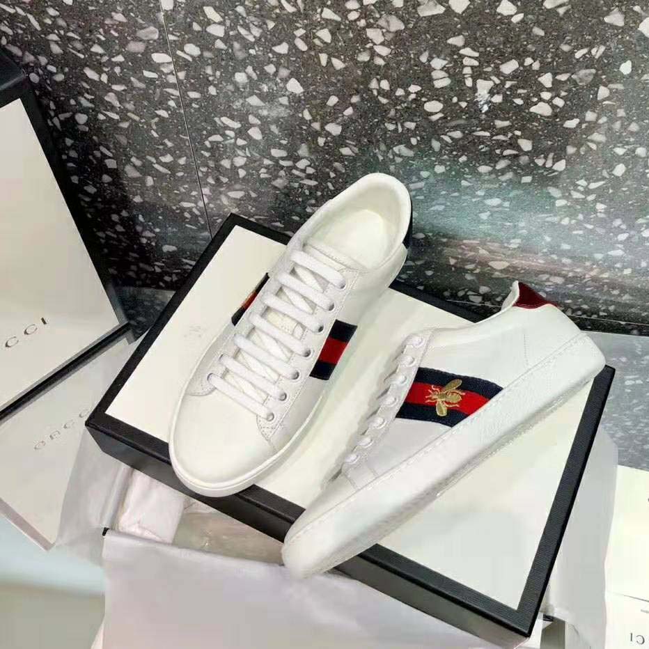 Gucci Unisex Ace Embroidered Sneaker with Iconic Gold Embroidered Bee-White