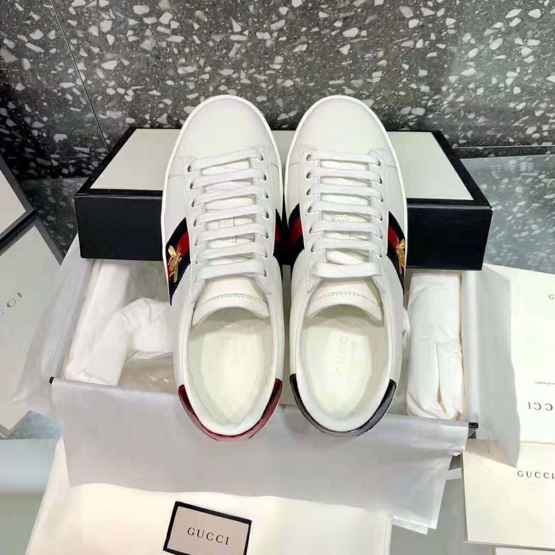 Gucci Unisex Ace Embroidered Sneaker with Iconic Gold Embroidered Bee-White