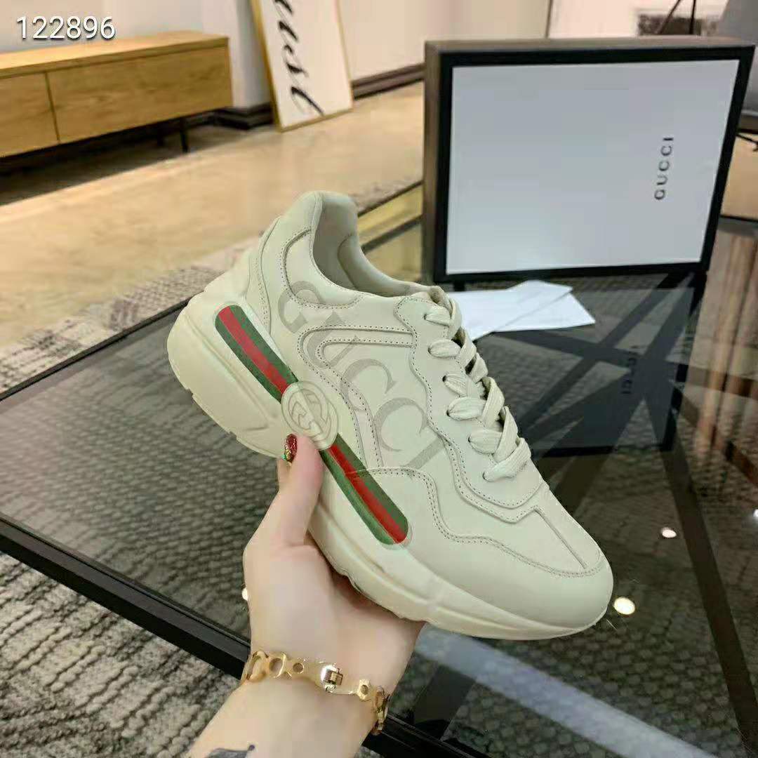 Gucci Unisex Rhyton Gucci Logo Leather Sneaker-Beige