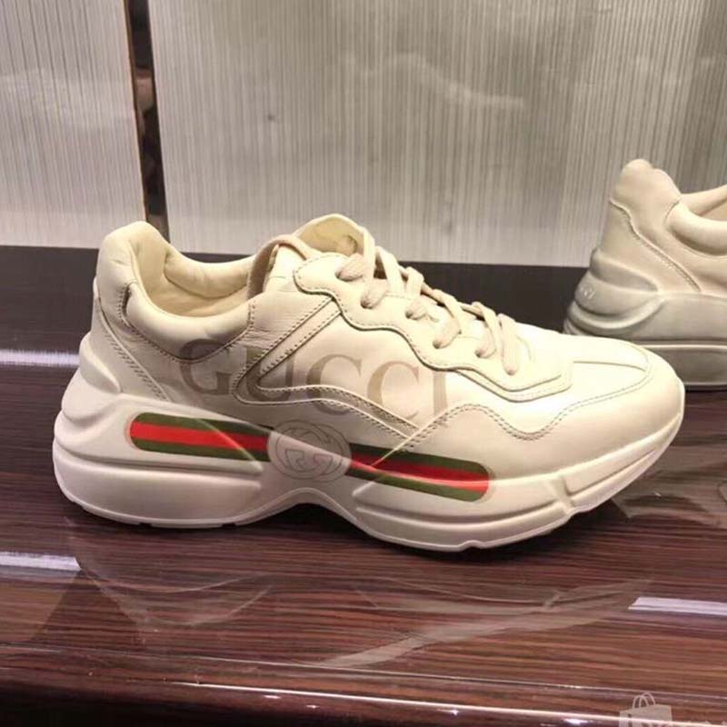 Gucci Unisex Rhyton Gucci Logo Leather Sneaker-Beige