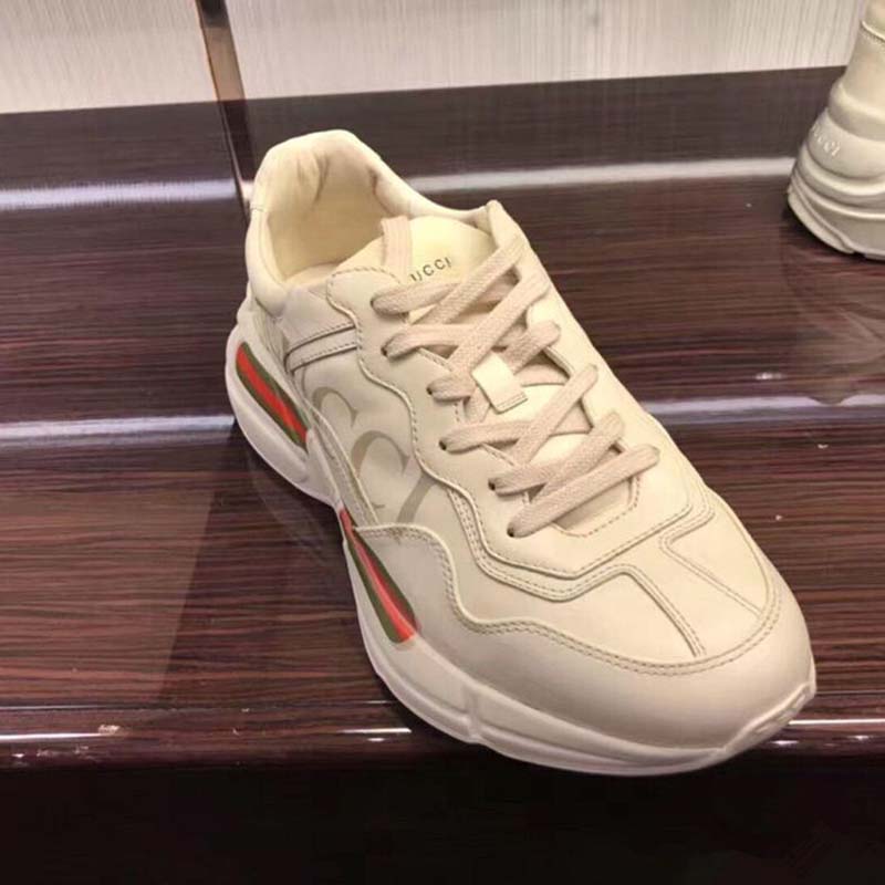 Gucci Unisex Rhyton Gucci Logo Leather Sneaker-Beige