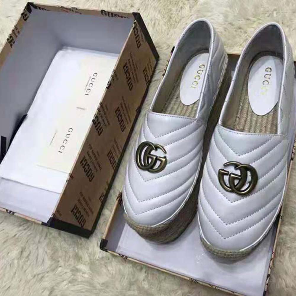 Gucci Women Chevron Leather Espadrille with Double G in 5.1 cm Height-White