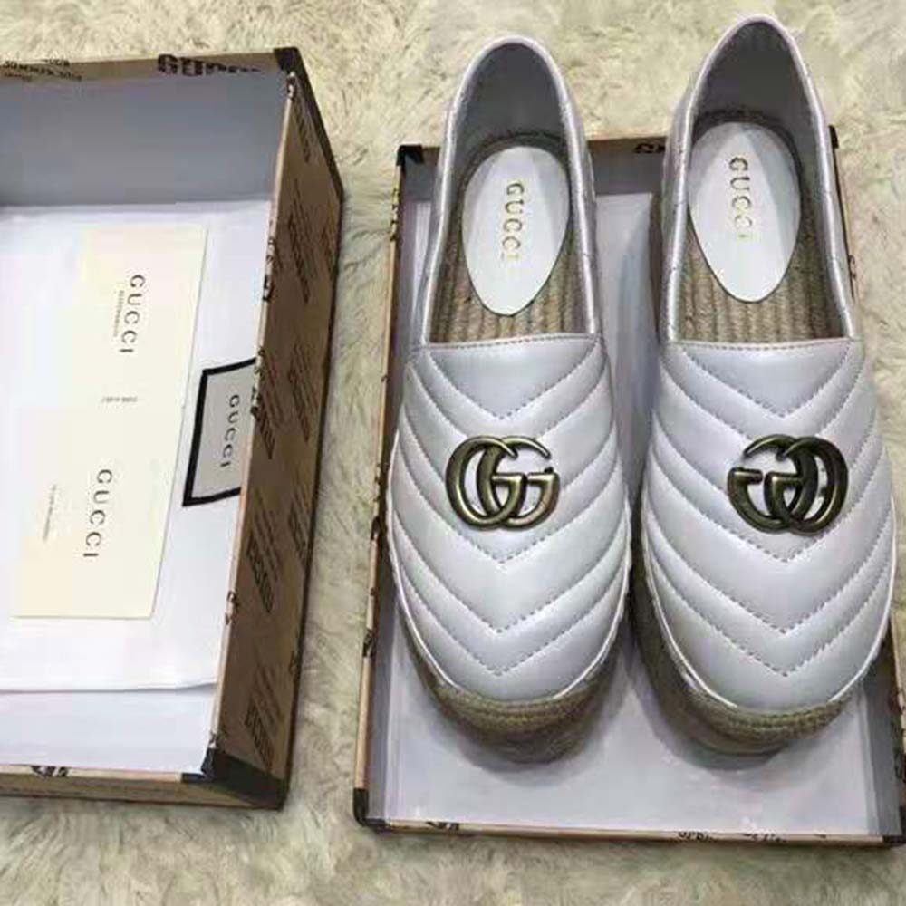 Gucci Women Chevron Leather Espadrille with Double G in 5.1 cm Height-White