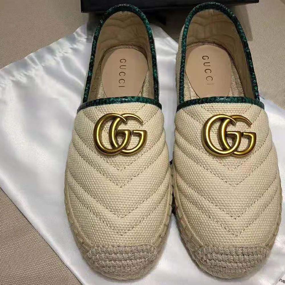 Gucci Women Chevron Raffia Espadrille with Double G-Green