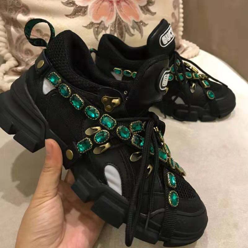 Gucci Women Flashtrek Sneaker with Removable Crystals 5.6cm Height-Black