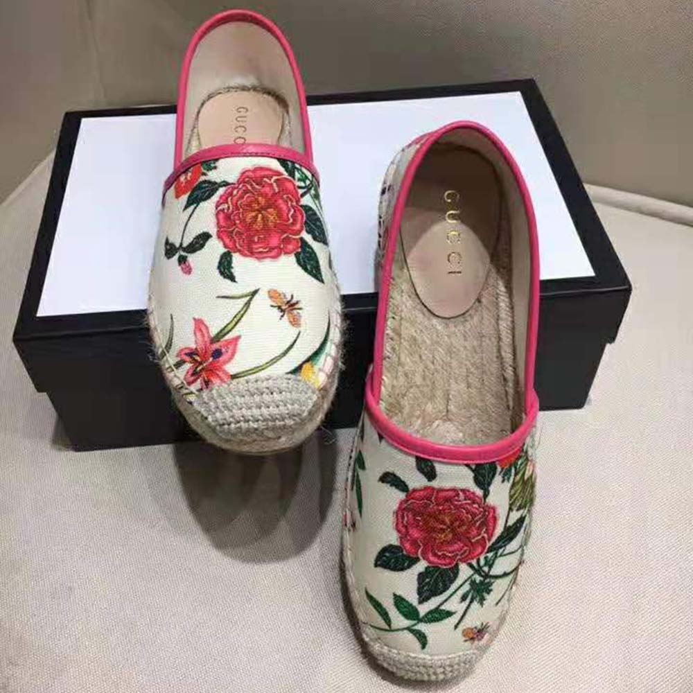 Gucci Women Flora Print Canvas Espadrille-Pink