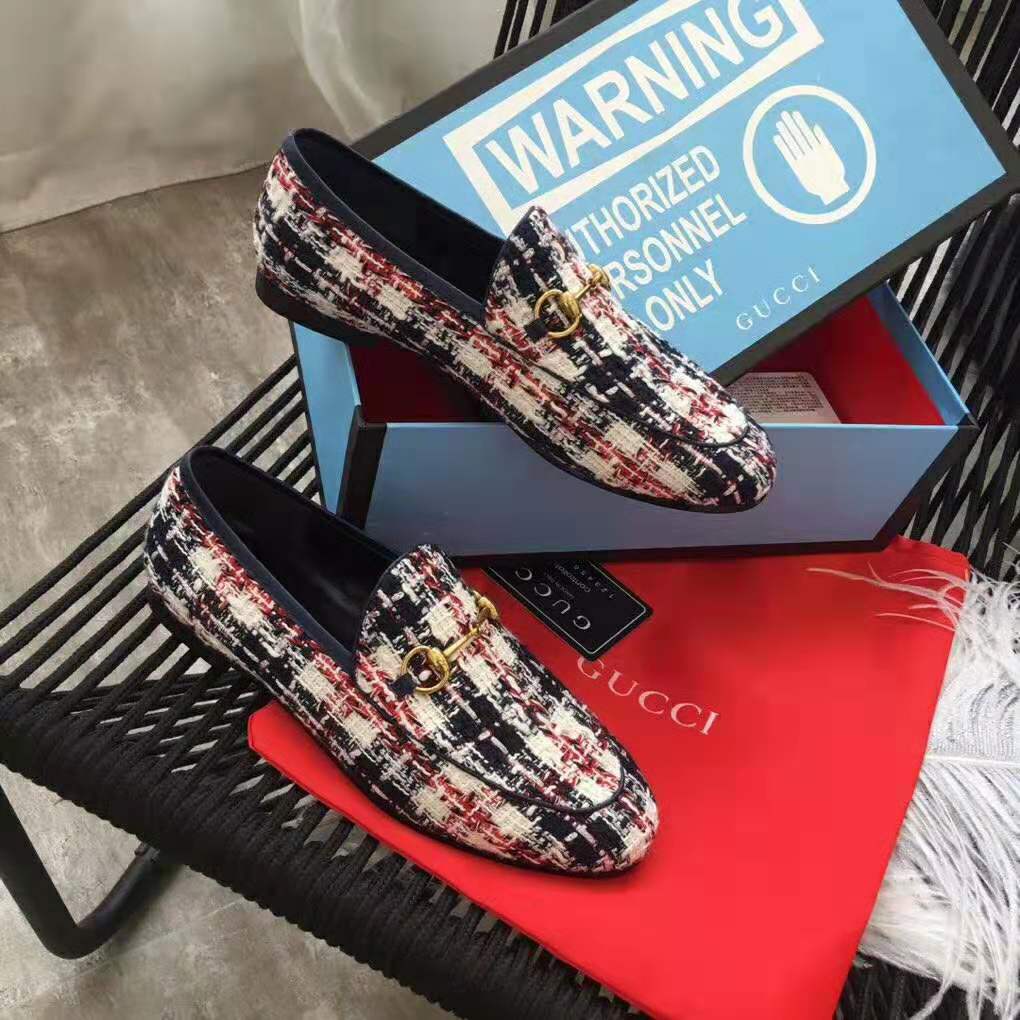 Gucci Women Gucci Jordaan Tweed Check Loafer-Navy