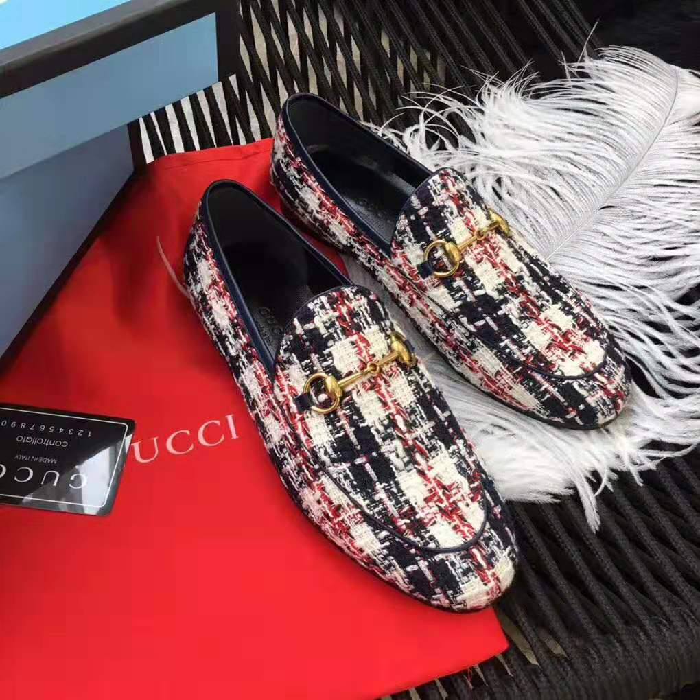 Gucci Women Gucci Jordaan Tweed Check Loafer-Navy