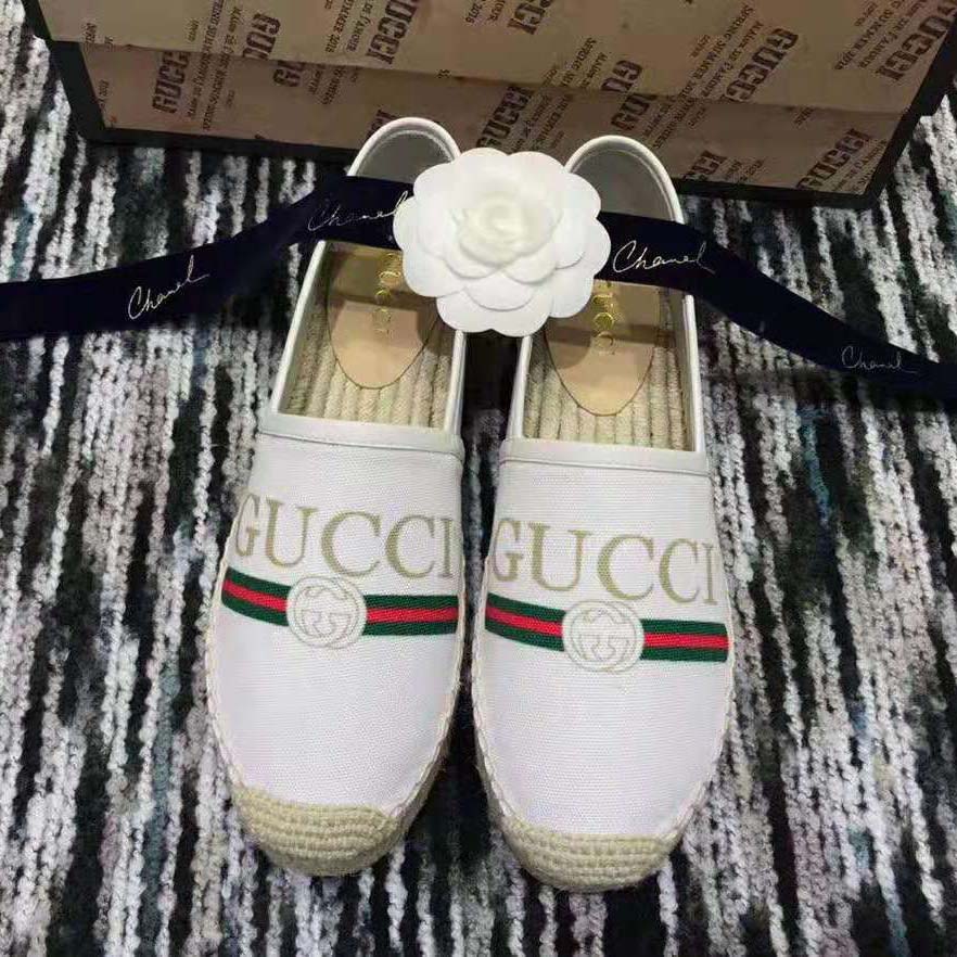 Gucci Women Gucci Logo Canvas Espadrille 2cm Platform-Beige