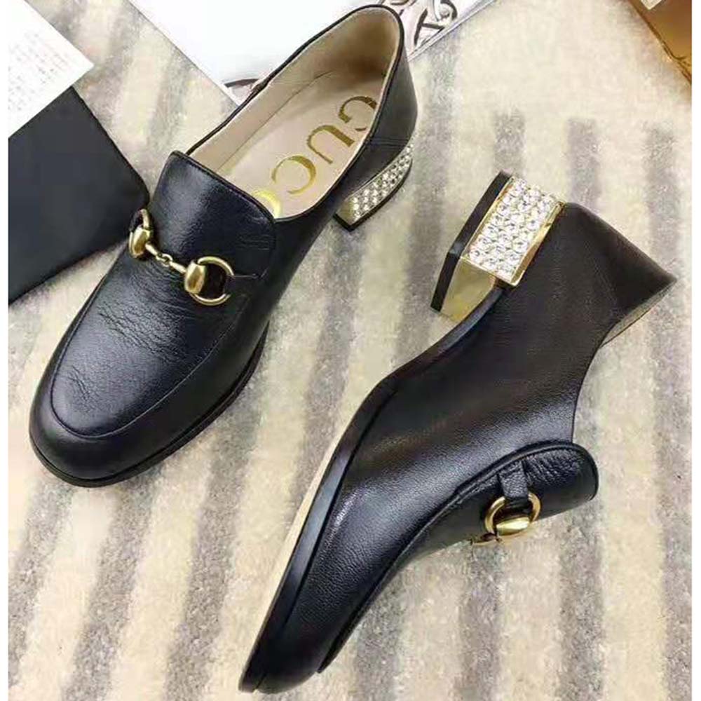 Gucci Women Horsebit Leather Loafer with Crystals 2.54cm Mirrored Heel-Black
