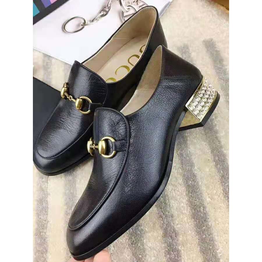 Gucci Women Horsebit Leather Loafer with Crystals 2.54cm Mirrored Heel-Black