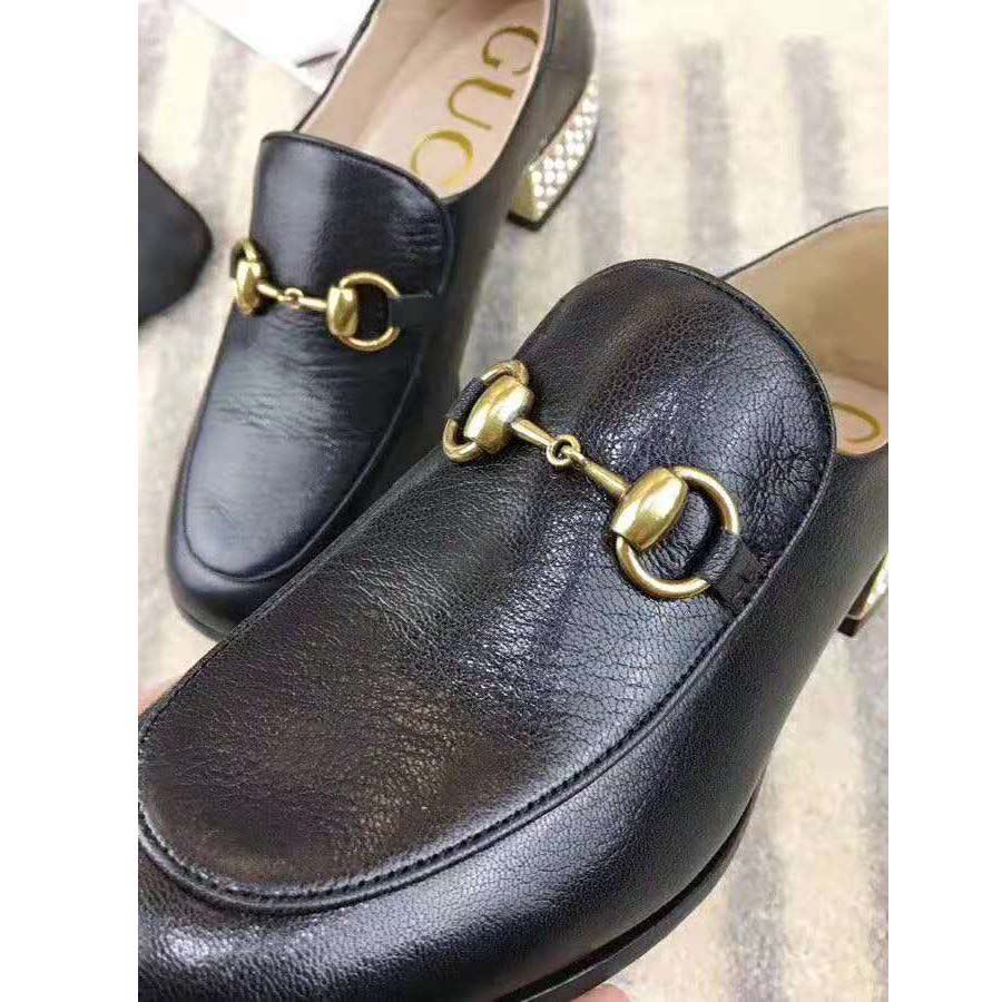 Gucci Women Horsebit Leather Loafer with Crystals 2.54cm Mirrored Heel-Black