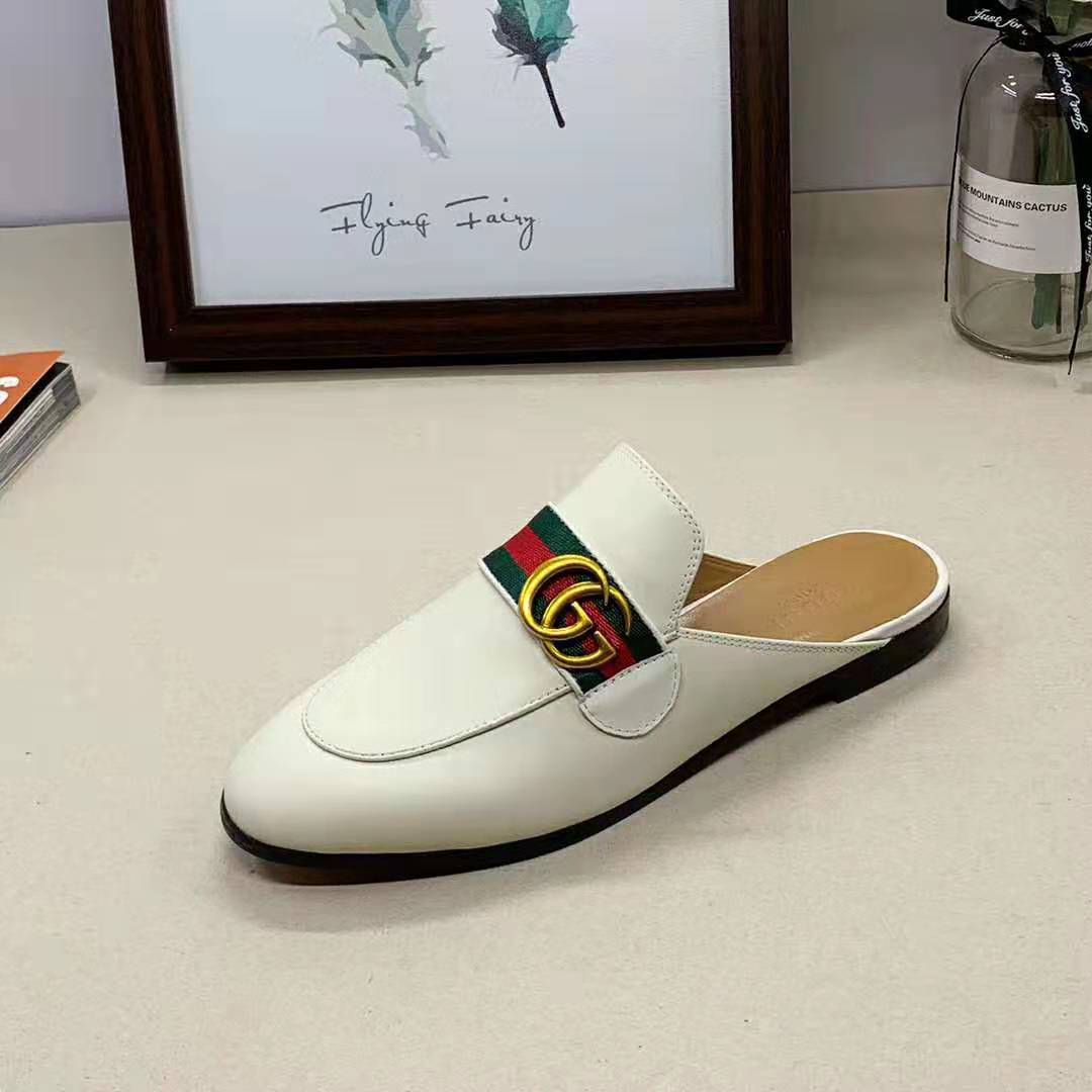 Gucci Women Leather Loafer with GG Web-White
