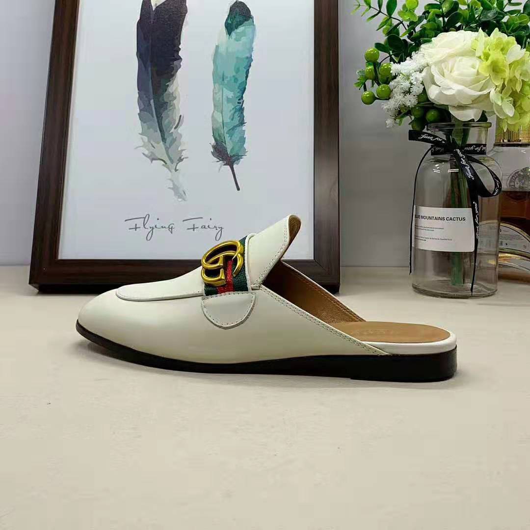 Gucci Women Leather Loafer with GG Web-White