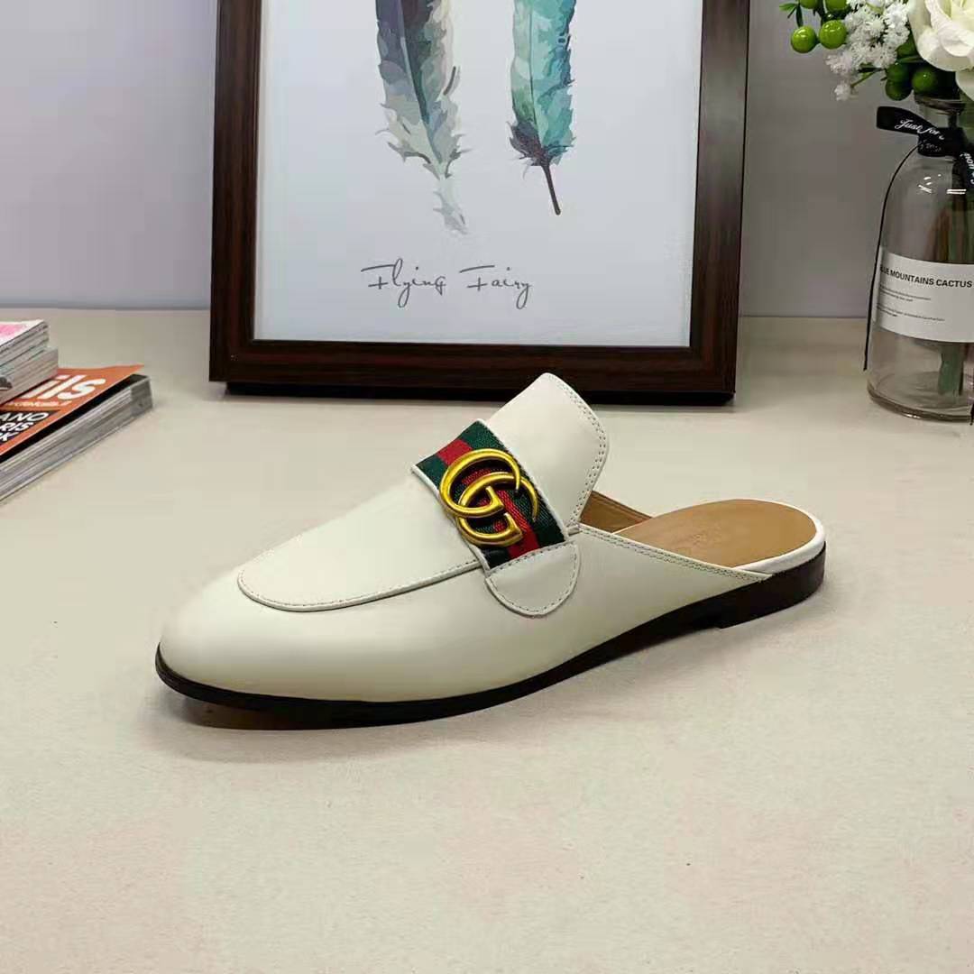 Gucci Women Leather Loafer with GG Web-White