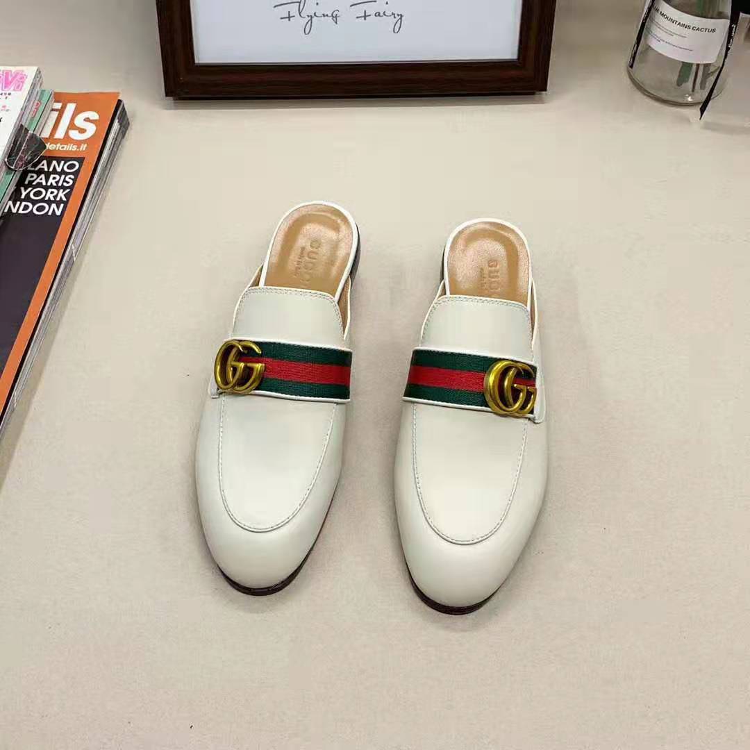 Gucci Women Leather Loafer with GG Web-White