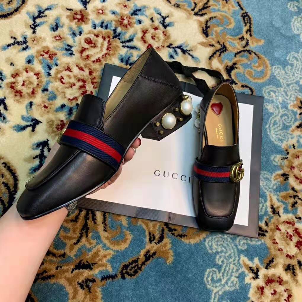 Gucci Women Leather Mid-Heel Loafer 1.5″ Heel-Black