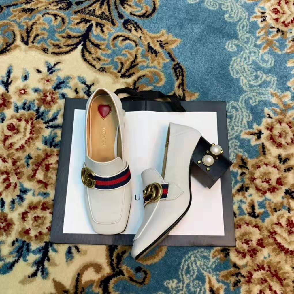 Gucci Women Leather Mid-Heel Loafer 3″ Heel-White