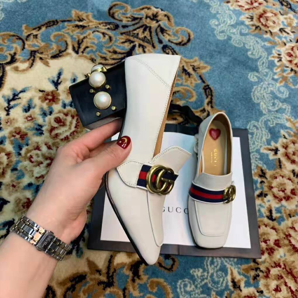 Gucci Women Leather Mid-Heel Loafer 3″ Heel-White