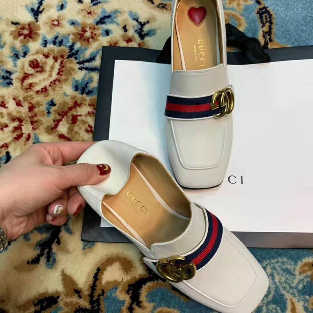 Gucci Women Leather Mid-Heel Loafer 3″ Heel-White