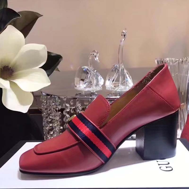 Gucci Women Leather Mid-Heel Loafer Shoes-Red