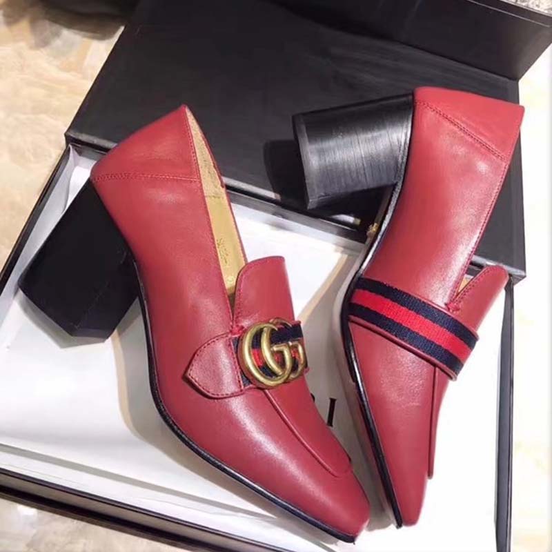 Gucci Women Leather Mid-Heel Loafer Shoes-Red