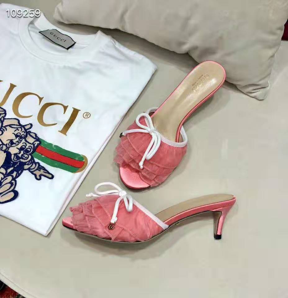 Gucci Women Mid-Heel Tulle Sandal 5.3cm Heel-Pink