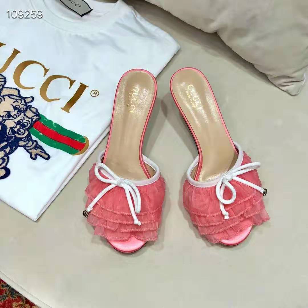 Gucci Women Mid-Heel Tulle Sandal 5.3cm Heel-Pink