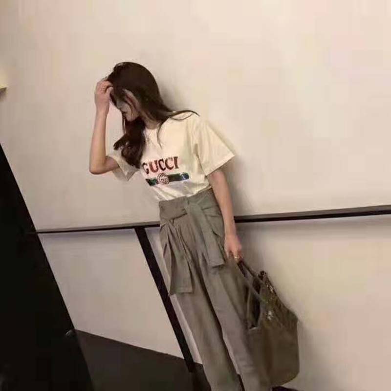 Gucci Women Oversize T-Shirt with Sequin Gucci Logo-White