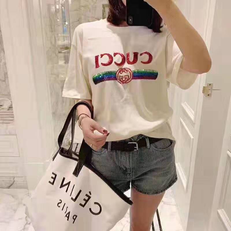 Gucci Women Oversize T-Shirt with Sequin Gucci Logo-White