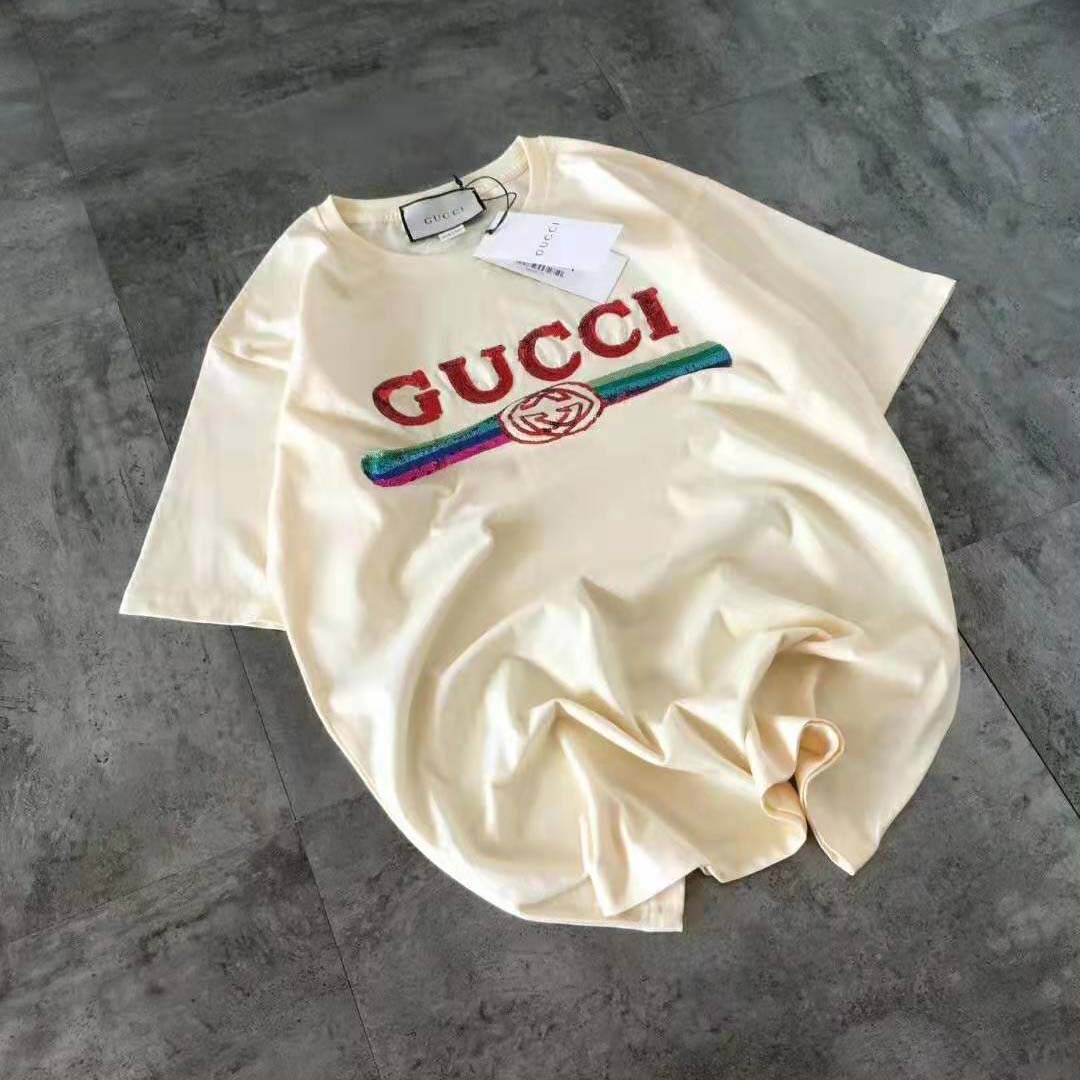Gucci Women Oversize T-Shirt with Sequin Gucci Logo-White