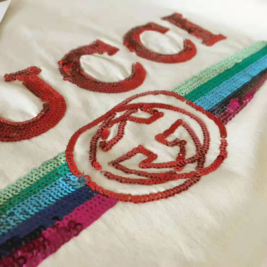 Gucci Women Oversize T-Shirt with Sequin Gucci Logo-White