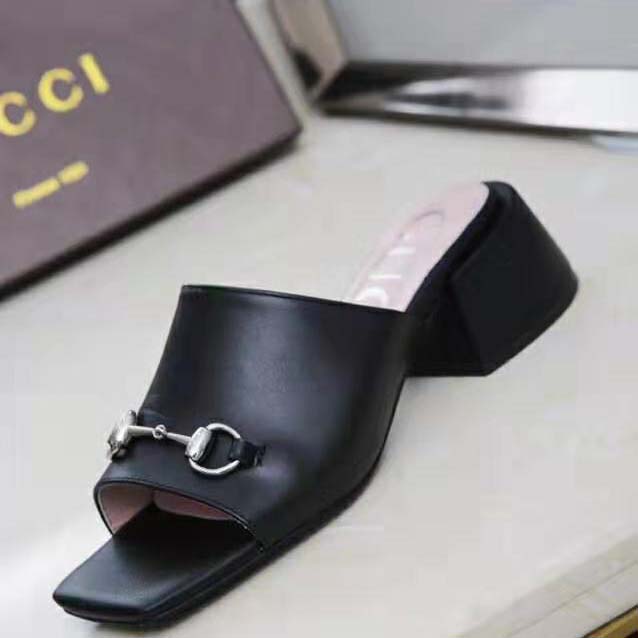 Gucci Women Patent Leather Mid-Heel Slide 5.1cm Chunky Heel-Black