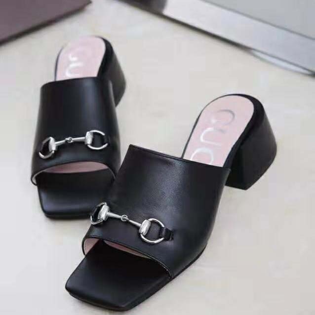 Gucci Women Patent Leather Mid-Heel Slide 5.1cm Chunky Heel-Black