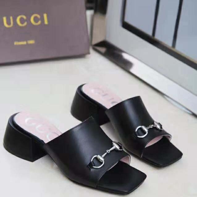 Gucci Women Patent Leather Mid-Heel Slide 5.1cm Chunky Heel-Black