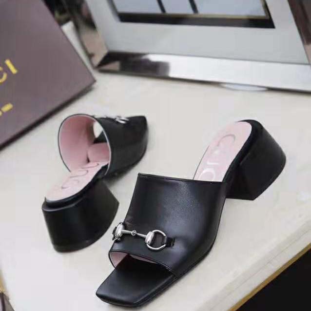 Gucci Women Patent Leather Mid-Heel Slide 5.1cm Chunky Heel-Black