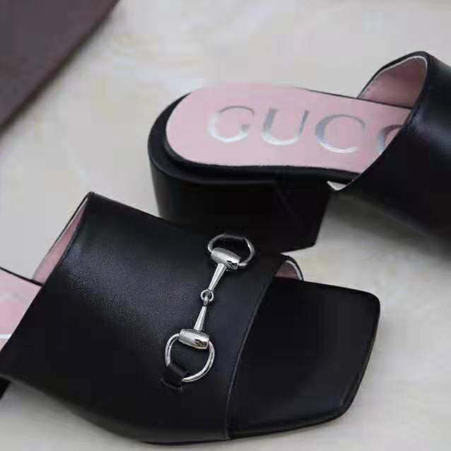Gucci Women Patent Leather Mid-Heel Slide 5.1cm Chunky Heel-Black
