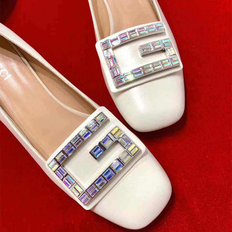 Gucci Women Shoe Leather Mid-Heel Pump with Crystal G 50mm Heel-White