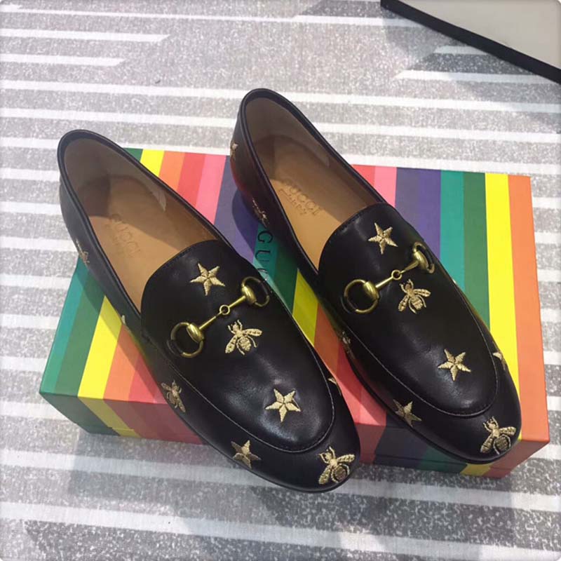 Gucci Women Shoes Jordaan Embroidered Leather Loafer 10mm Heel-Black