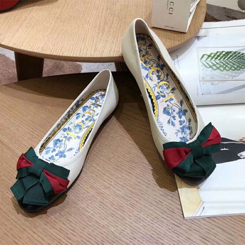 Gucci Women Shoes Leather Ballet Flat with Web Bow 10mm Heel-White