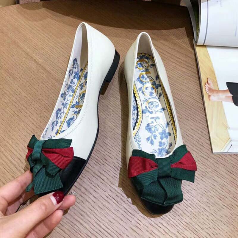 Gucci Women Shoes Leather Ballet Flat with Web Bow 10mm Heel-White