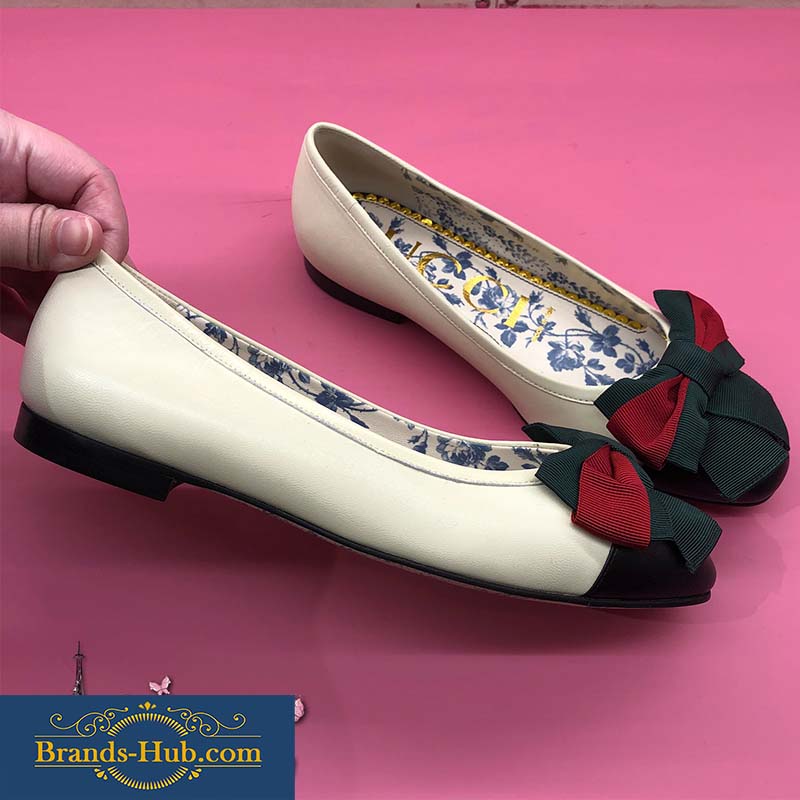 Gucci Women Shoes Leather Ballet Flat with Web Bow 10mm Heel-White